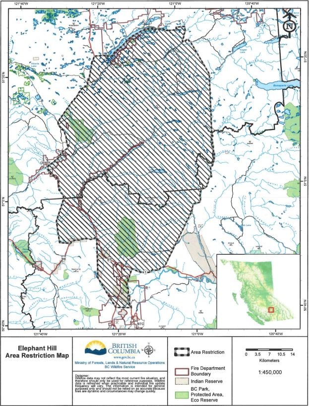 <who>Photo Credit: BC Wildfire Service</who>The new restricted area for the Elephant Hill wildfire.