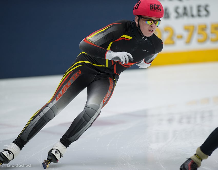 <who>Photo Credit: Harold Schock </who>Liam Smith of the Kelowna Speed Skating Club helped Zone 2 to 3,000-metre mixed team bronze.