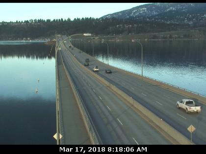 <who> Photo Credit: DriveBC </who> WR Bennet Bridge, east end of WR connecting Kelowna and West Kelowna, looking west (elevation 343 metres).