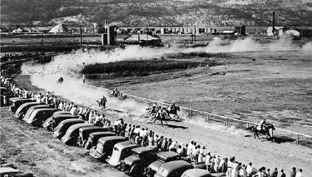 <who>Photo Credit: Old Kelowna</who> Long before stock cars raced the oval track at the base of Knox Mountain, horse races provided loads of entertainment for Kelowna residents. (Circa 1940s)