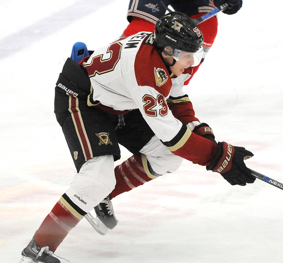 <who>Photo Credit: Lorne White/KelownaNow </who>Willie Reim scored his 17th of the season and first in seven games for the Warriors.