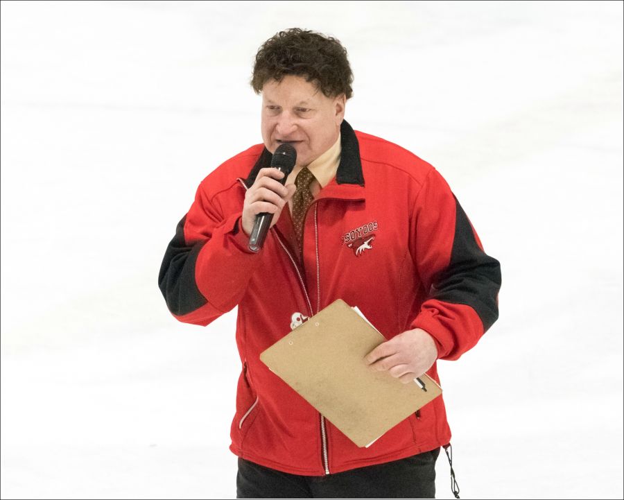 <who> Photo Credit: Jen Jensen Photography </who> Osoyoos Coyotes owner Randy Bedard handles on-ice announcing during home games. KIJHL teams are not expected to have fans in attendance when games begin Nov. 13.