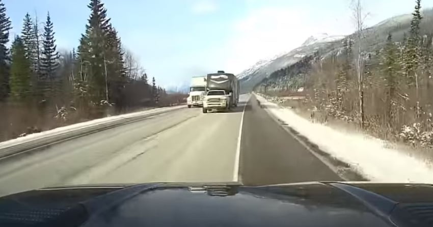 VIDEO: Dangerous pass from truck towing trailer nearly causes catastrophic crash in BC