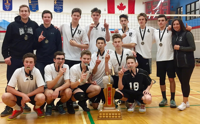 <who>Photo Credit: Contributed </who>The George Elliot Coyotes went undefeated in seven matches on the way to a B.C. junior boys volleyball championship at Mt. Boucherie Secondary School. Members of the winning team are, from left, front: Logan Lipke, Brendan Moore, Jake Kupchanko, Ben Magel, Roan McCarthy and Brandon Frechette. Back: Brandon Marshall (assistant coach), Ben Rever, Garrett Anderson, Tommy Parish, Matt Darley, Jesse Peters, Jaimes Guidon, Jenn Callow (head coach).