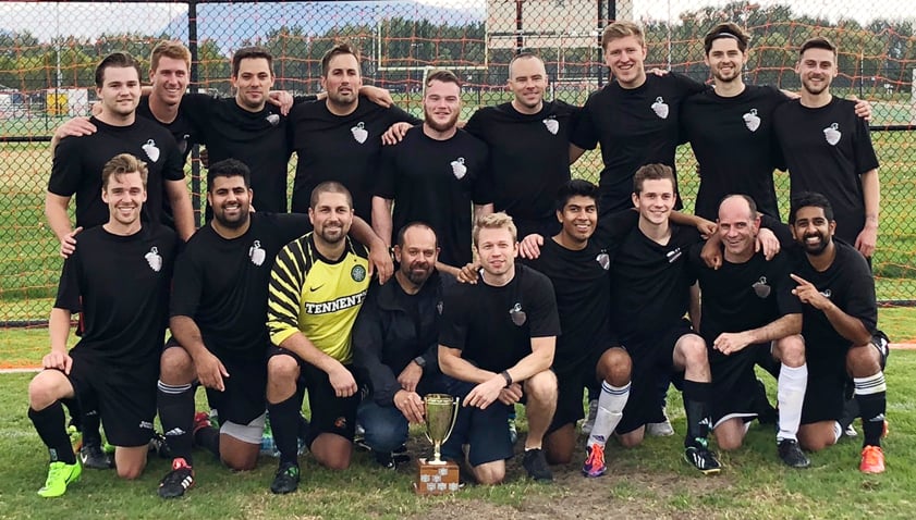 <who>Photo Credit: Lorne White/KelownaNow </who>Titan Industrial Celtic upset first-place SK Form and Finish to win the KMSL Division 2 championship on Sunday. Members of the team are, from left, front: Jeremy DeCock, Nathan Samaddar, Nik Terava, Alex Vicaretti, Nick Reese, Jorge Angel-Mira, Colton Zawrony, Andrew Hughes and Ryan Aujla. Back: Kelsey Byrne, Erik Redfern, Brett Butchart, Nic Moretto, Tristain Moench, Mike Celli, Max Foerderer, Sebastian Kolesar and Jonah Kipnis 