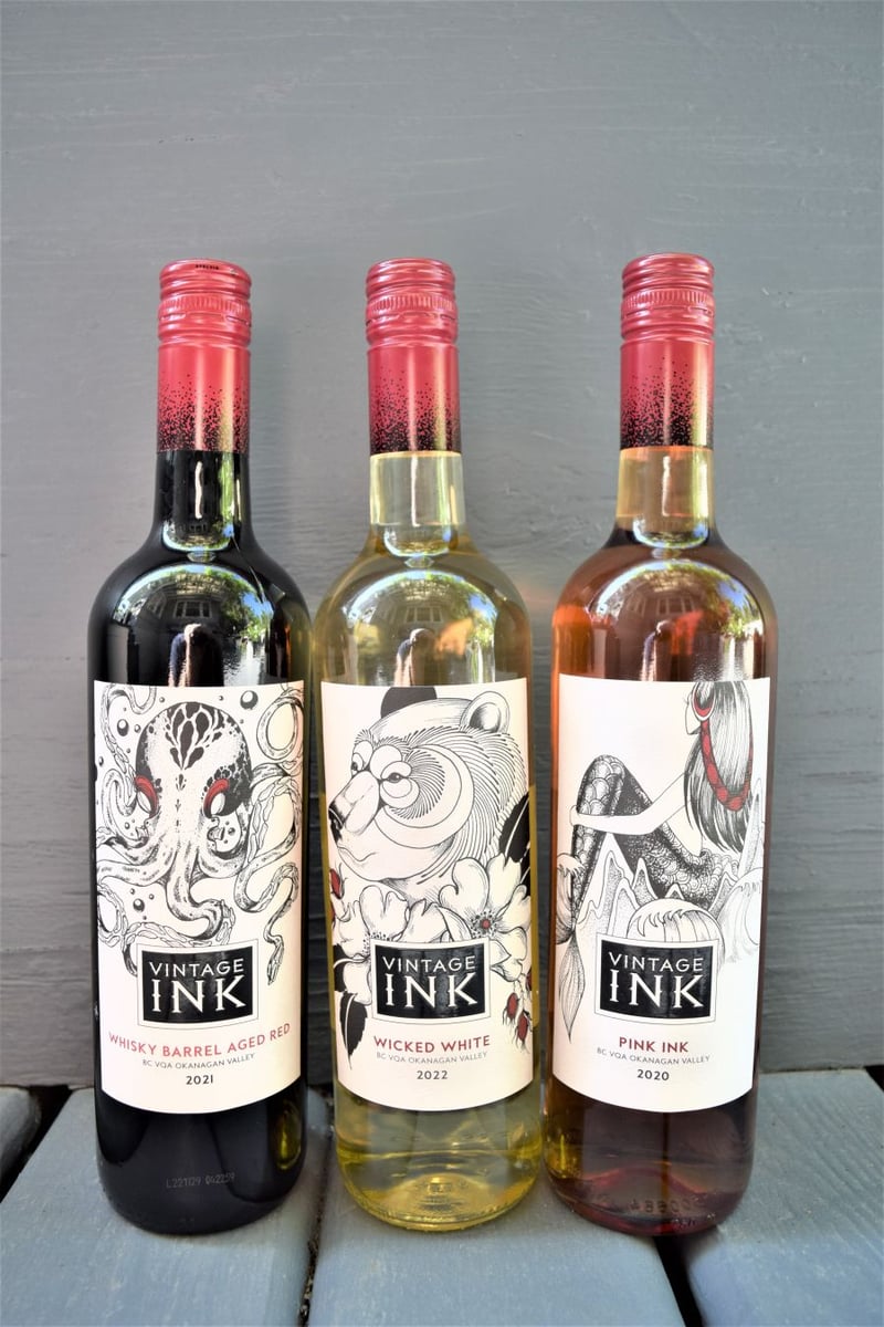</who>The labels of Vintage Ink wines pay tribute to old-school tattoo designs.