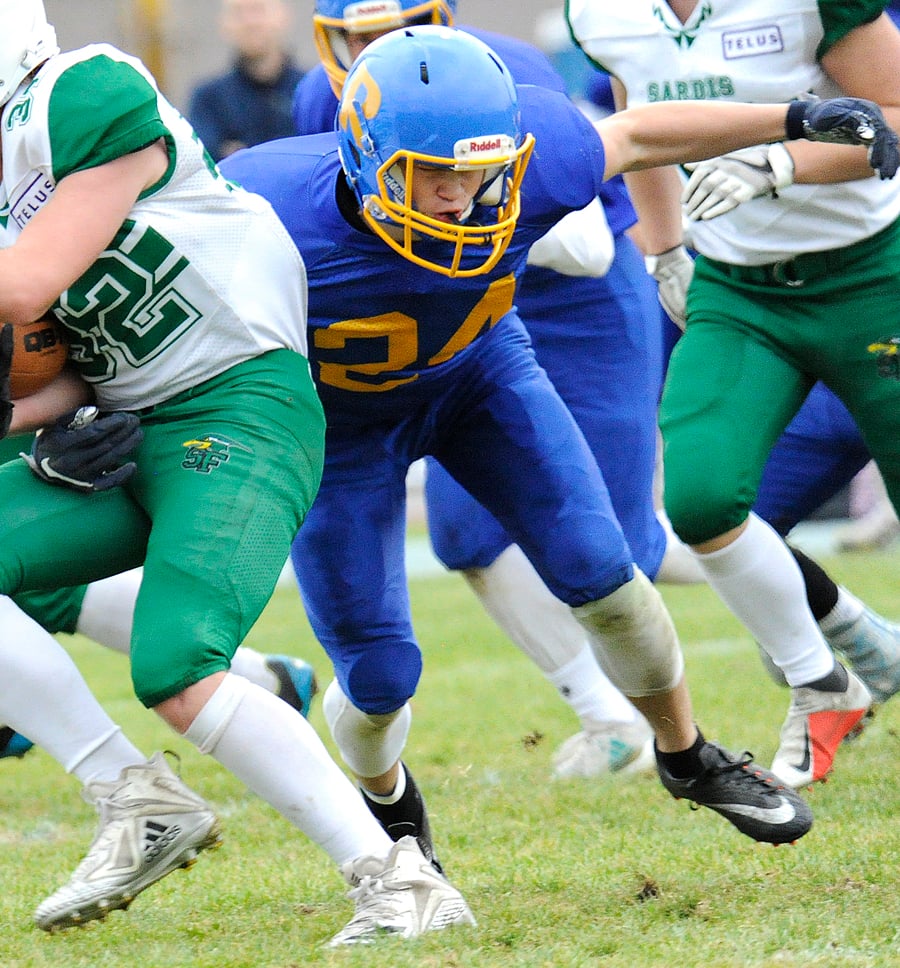 <who>Photo Credit: Lorne White/KelownaNow </who>Kai Brydon intercepted a pass, forced a fumble and had seven tackles to lead the Rutland defence.