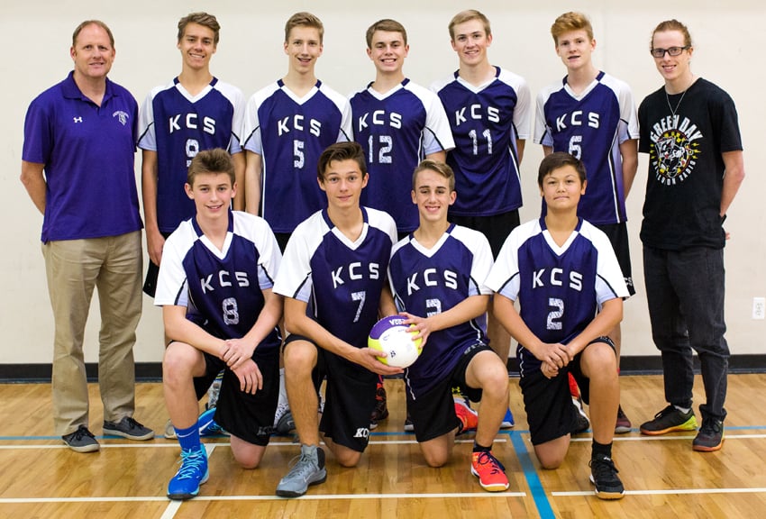 <who>Photo Credit: Abigail Kent </who>The Kelowna Christian School Knights claimed gold in the Black Division of the Best Of The West volleyball tournament. Members of the team are, from left, front: Jackson Zink, Keaton Weatherill, Evan Turner and Jesse Toews. Back: James Haasdyk (coach), Max Becker, Josh Flood, Dawson Zink, Parker Kent, Connor Haasdyk, and Liam Haasdyk (coach). 