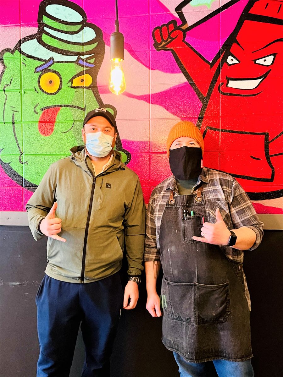 </who>Chris Broom, left, is the co-owner and Shain Empey is the chef at the new, graffiti-decorated Split Decisions Craft Beer & Burger Bar, which opened today at 467 Leon Ave.