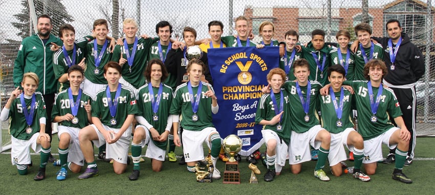 <who>Photo Credit: Contributed </who>The Immaculata Mustangs won five straight games this week in Surrey en route to a B.C. School Sports senior A boys soccer pennant. Members of the championship team are, from left, front: Patrick Donovan, Gabe Uhrich, Jose Nieves, Reid Herron, Lucas Hicklin, Raiden Freire, Ben Misfeldt, Diego Jiminez and Nate Portz. Back: Louis Drummond (coach), Andrew Gorges, Jordan Luck, Josh Misfeldt, Lucas Monz, Nick Macdonnell, Nik Federko, Nathan Holroyd, Calvin Thalheimer, Ben Prehofer, David Eziekwu, Jacob Macdonnell, Justin Ziebart and Paul Freire (coach).