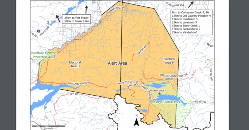 <who> Photo Credit: BC wildfire dashboard / Evacuation alert for area around the Cutoff Creek Wildfire.