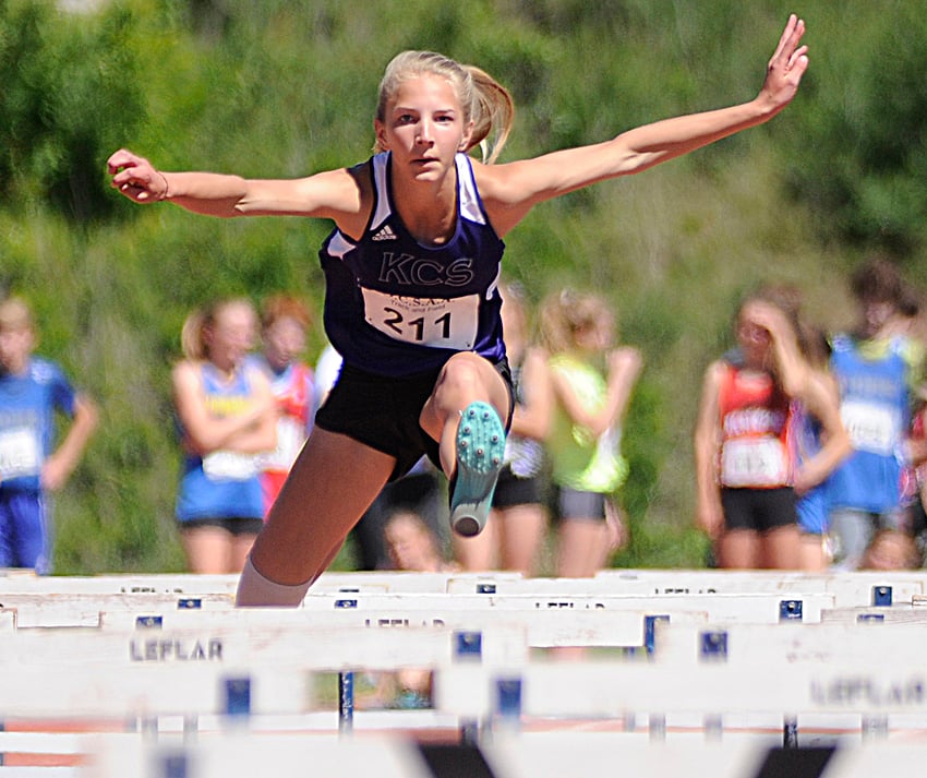 <who>Lorne White/KelownaNow </who>Grade 8 Madelyn Hettinga of Kelowna Christian School finished first in the provincial 80-metre hurdles