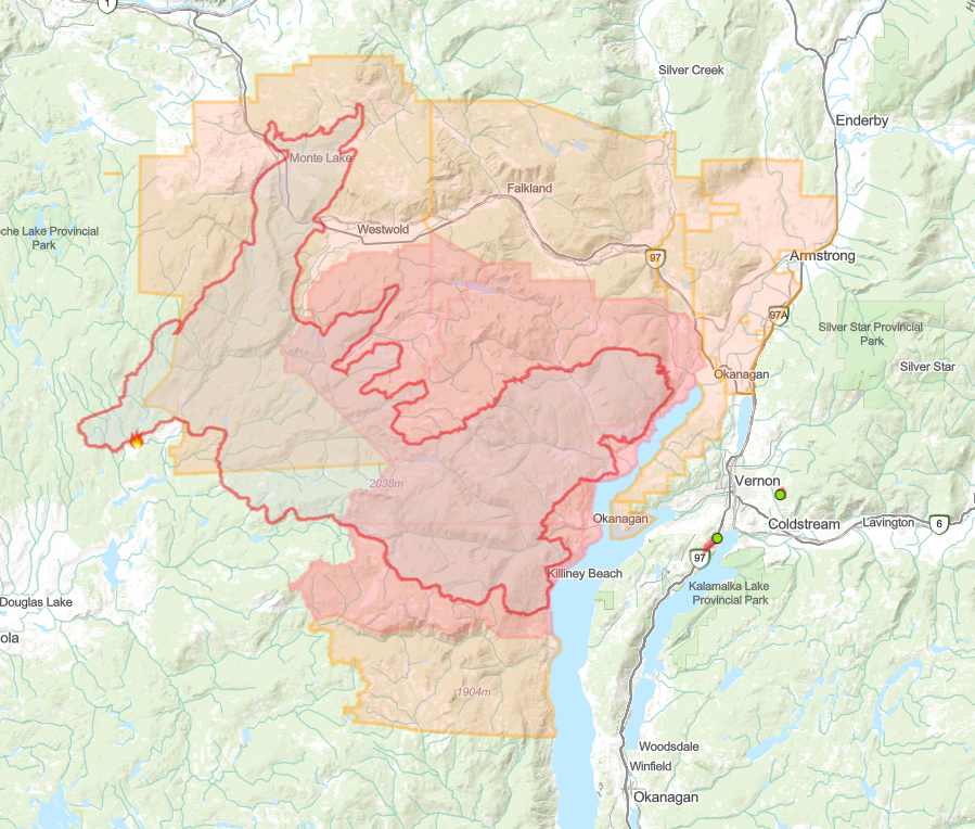 <who> Photo credit: BCWS </who> The fire perimeter (red line).