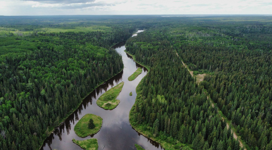 <who> Photo credit: Local Journalism Initiative/Cold Lake First Nations </who> Aerial view of Cold Lake, a large, deep lake on the Alberta–Saskatchewan border within Cold Lake First Nations territory.