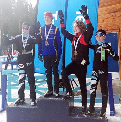 <who>Photo Credit: Contributed </who>Gregor Graham, left, and Ian Mayer, right, of the Telemark Racers earned <br>a spot on the podium in the 2003 Midget boys division at Westerns.