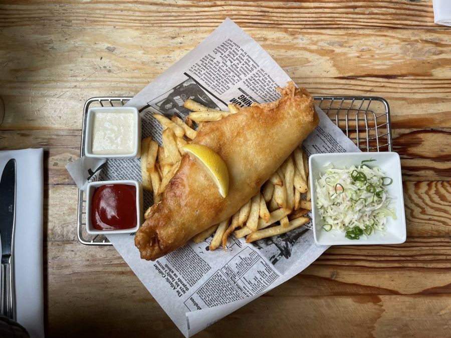 </who> Finn's deck has a prime view over the Inner Harbour. Below, an order of Finn's fish and chips.