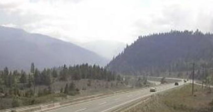 <who>Photo Credit: DriveBC webcam</who>You can see smoke from the July Mountain wildfire as you drive south along the Coquihalla.