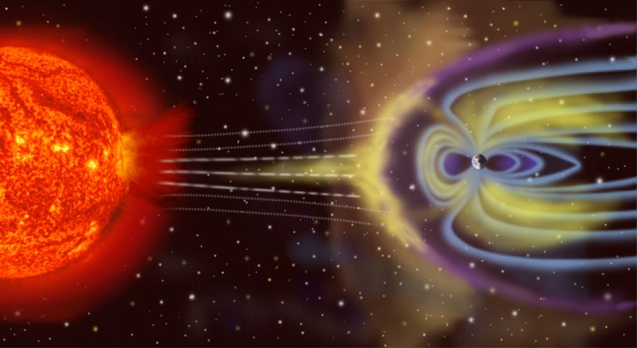 <who> Photo Credit: NASA </who> Artist's depiction of solar wind striking the Earth's magnetosphere.