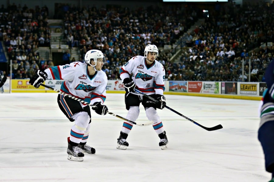 <who>Photo Credit: KelownaNow</who>The Rockets played a strong defensive game, limiting scoring chances for the T-birds. Gordie Ballhorn (left) and Tanner Wishnowski stood out in the Rockets end.