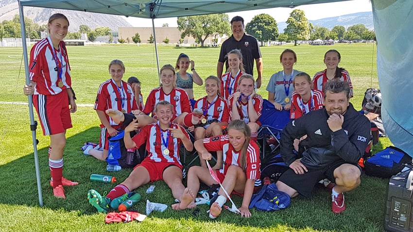 <who>Photo Credit: Contributed </who>The Kelowna United 16 girls shut out Kamloops twice on the weekend in Penticton to claim the TOYSL championship and earn a berth at the BC Soccer Provincial B Cup next month. Members of the team are, from left, front: Madison Dyck, Chloe Howe, Lindsay Notte and Dave Notte (coach). Middle: Hannah Heller, Payton Ward, Taylor Luch, Macalle White and Kaley Krivoshein. Back: Kalyna Rupert, Miranda Lutes, Shanelle McIvor, Trevor Lutes (coach), Tayshja Clark and Catherine Percival. 