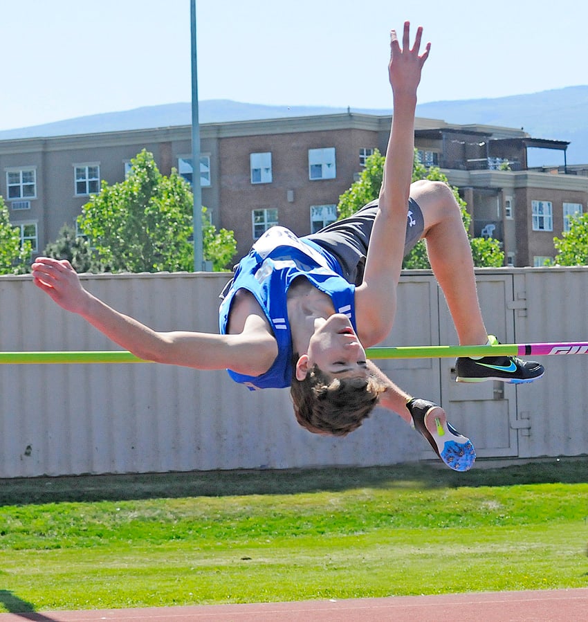 <who>Photo Credit: Lorne White/KelownaNow </who>Jake Semeniuk of Const. Neil Bruce Middle School won the Grade 8 boys high jump with this leap of 1.60 metres.