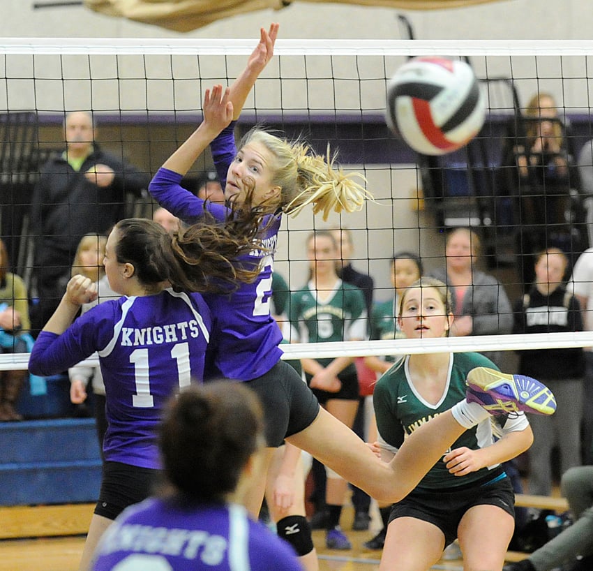 <who>Photo Credit: Lorne White/KelownaNow </who>The KCS Knights' Madelyn Hettinga watches as her teammate tracks down an Immaculata hit.