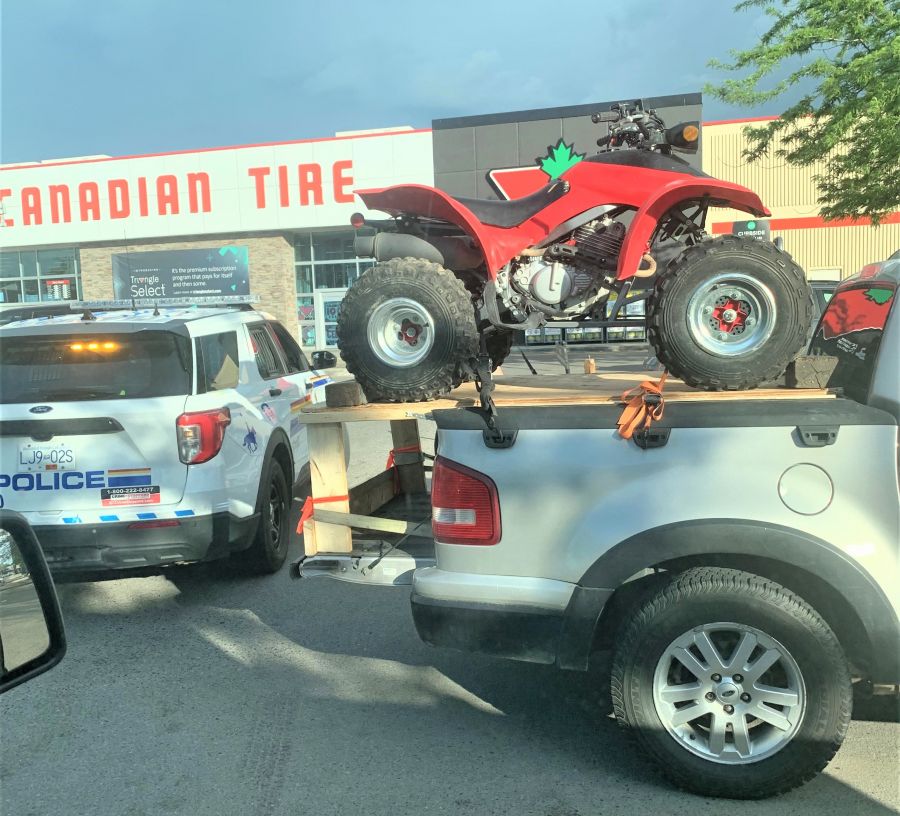 </who>After being stolen in November 2021, this ATV appeared this week on the back of a truck in the parking lot of the Canadian Tire in Kelowna.
