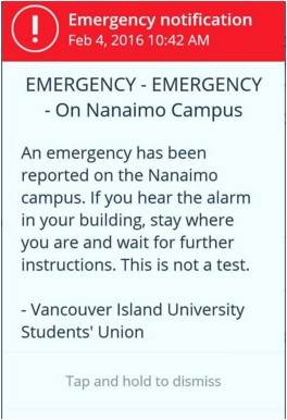 <who> Photo Credit: @bluefacedbeast on Twitter. </who> An emergency notification reportedly sent to student's phones on campus. 