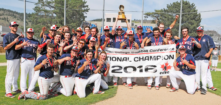 <who>Photo Credit: Lorne White/KelownaNow </who>The Prairie Baseball Institute Dawgs celebrate their come-from-behind sixth straight CCBC championship at Elks Stadium.