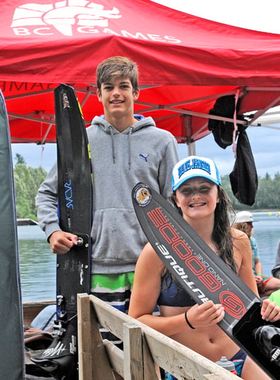 <who>Lorne White/KelownaNow </who>Isaac Athans won a pair of gold medals and a waterskiing bronze <br>while Halle Gainey brought home three individual gold in towed<br> water sports from Albert Dyck Lake in Abbortsford.