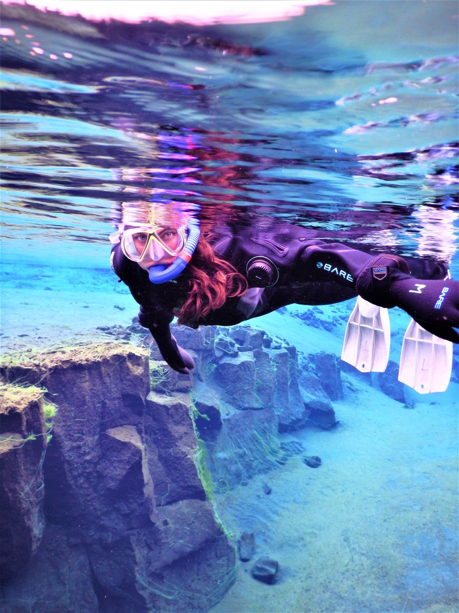 </who>Snorkelling in the clearest water on the planet between the North American and Eurasian tectonic plates in Iceland's Thingvellir National Park.