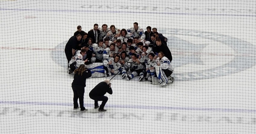 <who> Photo Credit: NowMedia </who> The Vees celebrate after winning the Okanagan Cup exhibition series Nov. 14.