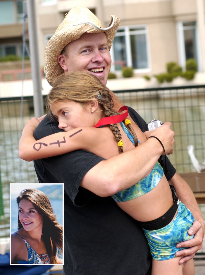 <who>Photo Credit: Lorne White/KelownaNow </who>Dave Dickie comforts his daughter Kaitlyn after her hard work in the Kids Of Steel triathlon in 2002. She went on to play for the KSS Owls' senior volleyball team. Inset: Kaitlyn today - Photo Credit: Nic Collar Film. (Dave hasn't changed).