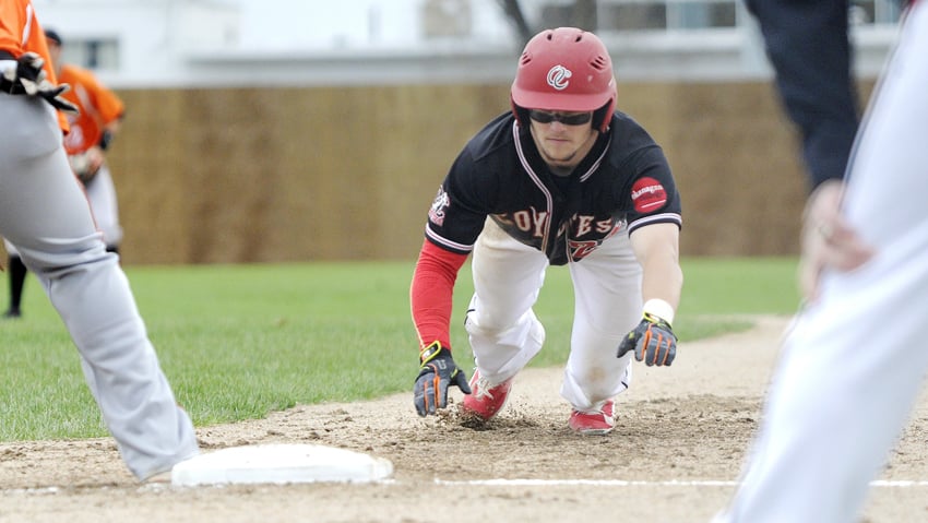 <who>Photo Credit: Lorne White/KelownaNow </who>Davis Todosichuk sparked the Okanagan College Coyotes to a 7-5 win over VIU Mariners at the CCBC championship tournament.