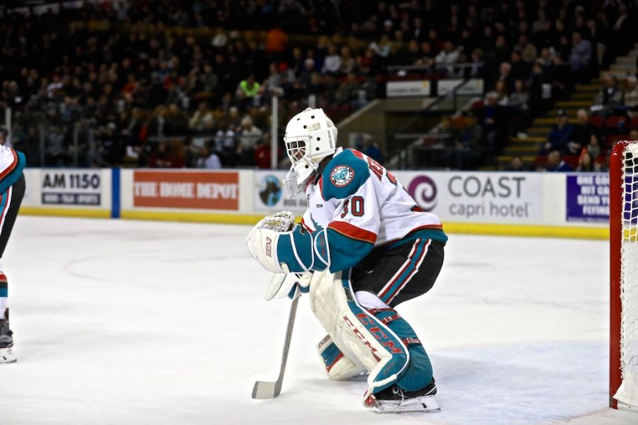 <who>Photo Credit: KelownaNow </who>Michael Herringer with the win stopping 34 of 35 shots. 