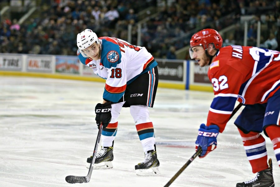<who>Photo Credit: KelownaNow</who>Carsen Twarynski eyed up his opponent in what was a very physical game on Friday.