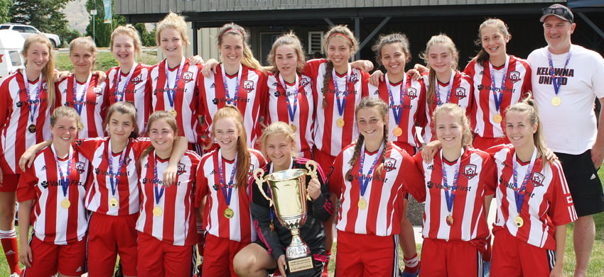 <who>Photo Credit: Contributed </who>The Kelowna United U16 girls defeated Vernon 1-0 and Penticton 2-1 to claim the TOYSL championship on the weekend in Kamloops. They earned the right to represent the Thompson-Okanagan at the BC Soccer Provincial B Cup in South Surrey. Members of the championship team are, from left, front: Sammi Krupka, Dominique Spooner, Teagan Milligan, Annabelle Perry, Faith Tazelaar, Kassie Zukowski, Emily Metz and Catherine Howe. Back: Amy Drew, Sarah Gervais, Gracie Matheson, Chelsea Cristofoli, Logan Finley, Georgia Lawrence, Hailey Wright, Kaitlin Smith, Tiernan Hickson, Katrina Schrod and Mike Smith (coach). 