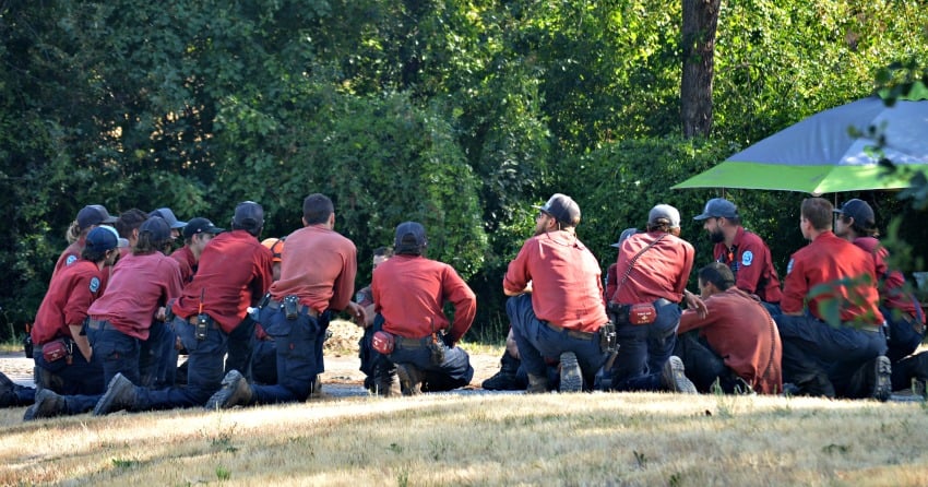 <who>Photo credit: KamloopsBCNow</who> BC Wildfire crew wrapping up a shift at the Martin Mountain wildfire in July 2017.