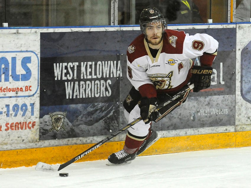 <who>Photo Credit: Lorne White/KelownaNow </who>Brett Mennear scored twice as the West Kelowna Warriors opened the Western Canada Cup with a 3-0 win.