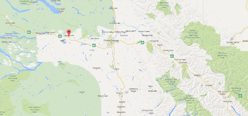 <who> Photo Credit: GoogleMaps </who> Vanderhoof is located approximately 100 kilometres from Prince George. 