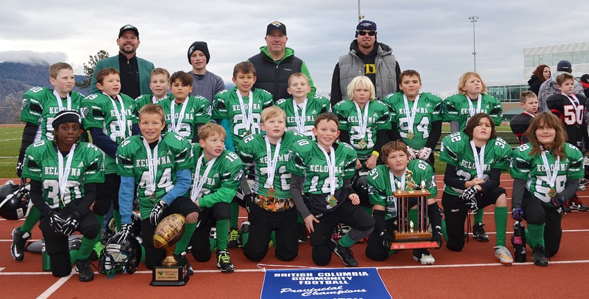 <who>Photo credit: Contributed </who>The Kelowna Riders display their winnings after capturing the B.C. Community Football Association's atom-division championship in Kamloops on Saturday. Members of the provincial champions are: Noah Tozer, Quinn Kayfish, Sebastian Woychuk, Owin Roy, Jake Nelson, Gavin Kelly, Reid Thompson, Maddox (Ike) Bentley, Weston Lewis, Brady Schutz, Lochlan Douglas, Hayden Littlechilds, Zyla Wickert, Kyle Smy, Liam Gallagher, Markus Landis-Kurath and Maddux Elson. Coaches: Lance Kayfish, Steve Kelly, Billie Elson and Brandon Thompson.