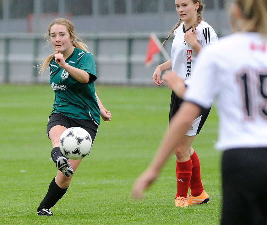 <who>Photo Credit: Lorne White/KelownaNow </who>Jacqueline Fagan of West Kelowna Triumph Heating and Air Conditioning takes a shot on goal during their U16A bronze-medal match with Rutland Canadian Tire Spirit.