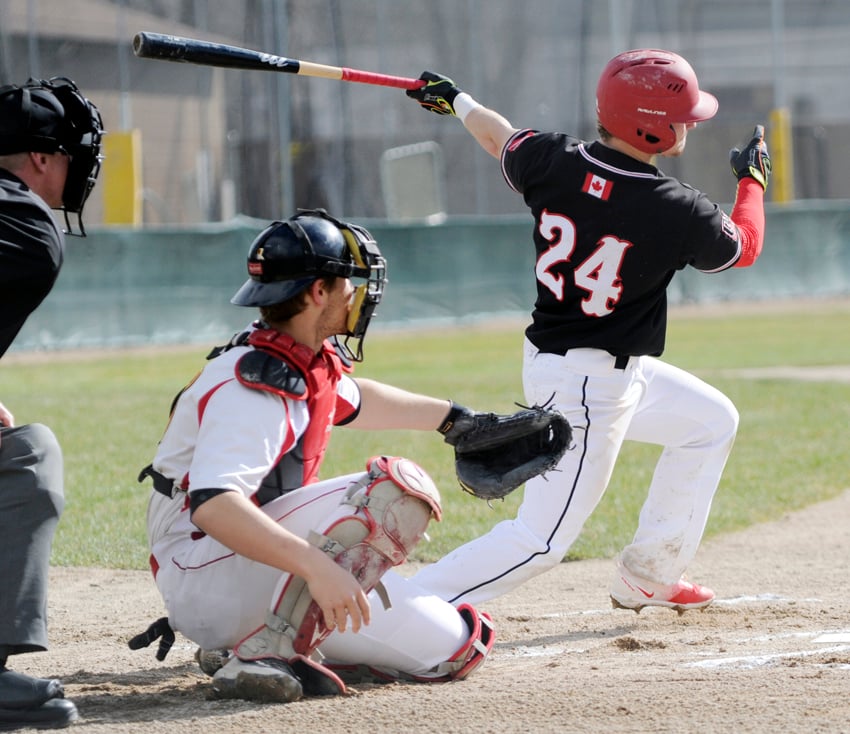 <who>Photo Credit: Lorne White/KelownaNow </who>Kelowna's Davis Todosichuk collected six hits on 13 trips to the plate against Thompson Rivers.