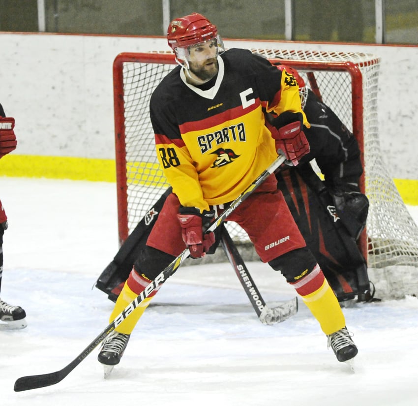 <who>Photo Credit: Lorne White/NowMedia </who>Sasha Golin, a former WHLer (Portland and Kamloops) scored in Sparta's 4-1 win in the first weekend game.