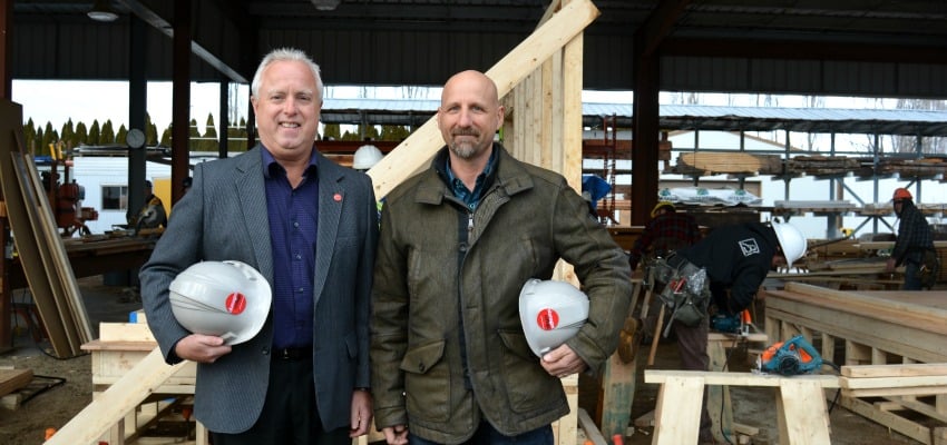 <who> Photo Credit: Okanagan College. </who> (L to R): John Haller, Development Officer for Okanagan College Foundation and Les Bellamy, CEO and Owner of Bellamy Homes.