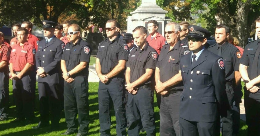 <who>Photo Credit: NowMedia </who>A group of 20 members of the Penticton Fire Department were joined by 20 members of the BC Wildfire Service Tuesday morning for the annual 9/11 Memorial Service to honour and remember the firefighters, first responders and New York City residents who lost their lives in the horrific terrorist attacks on New York City on Sept. 11, 2001.