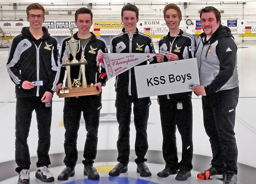<who>Photo Credit: Contributed </who>The Kelowna Owls won four straight games en route to an Okanagan Valley high school boys curling championship on the weekend in Kamloops. Members of the team are, from left Logan Miron (skip), Ewan Murray (third), Ramsay Murray (second), Bryan Cresswell (lead) and Justin Nillson (coach)