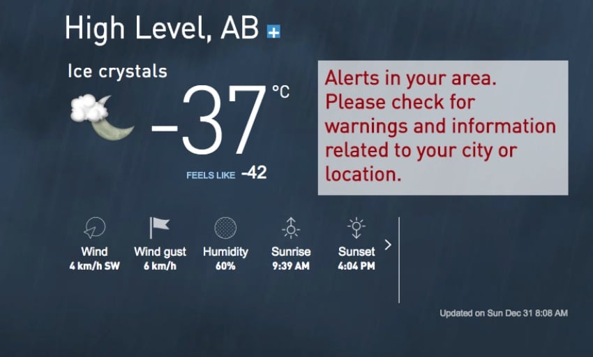 <who> Photo Credit: The Weather Network. </who> New Year's Eve morning temperature in High Level, Alberta.