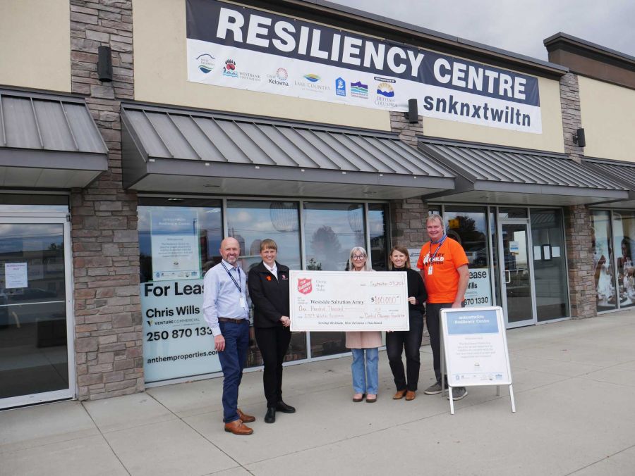 <who> Photo Credit: Contributed </who> (L-R) Cameron Johnson of the RDCO Resiliency Centre, Jennifer Henson of the Westside Salvation Army, Cheryl Miller and Abbie Norrish of the Central Okanagan Foundation, Steve Schell of the RDCO Resiliency Centre