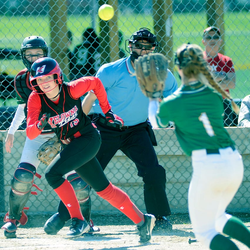 <who>Photo Credit: Lorne White/KelownaNow </who>The Heat's Brea McCormack heads to first base trying to reach on a bouncing ground ball to the South Delta pitcher.